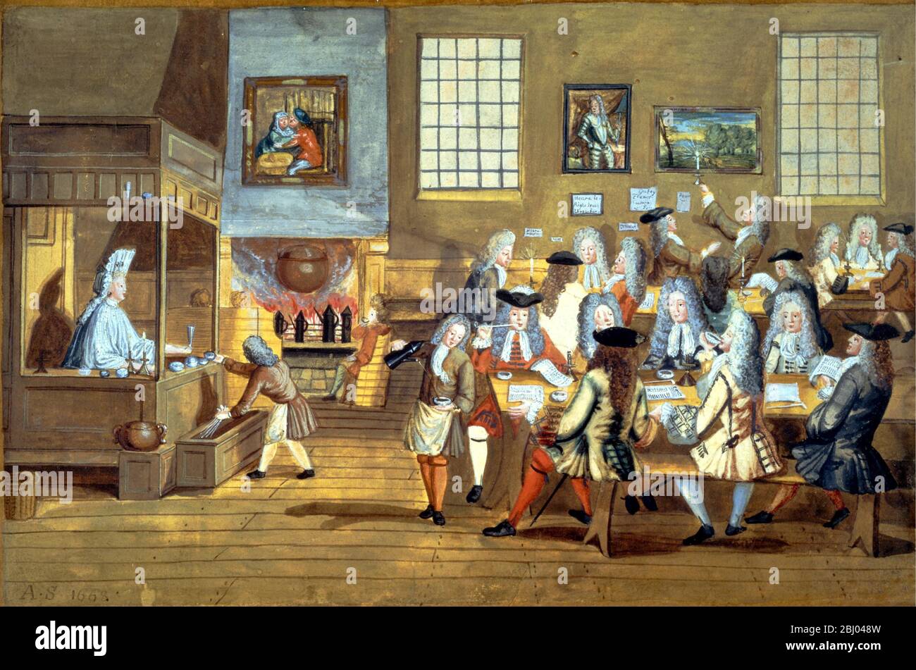 A caricature of Lloyd's Coffee House from the 17th century. Lloyd's of London, which began doing business insuring ship cargo in a dockside Tower Street coffee house in 1688, has been the very symbol of insurance. In London the Coffee House was unique in the extent to which it entrenched itself as an institution in the social, cultural, commercial and political life of the city. Rumours, news and gossip were carried between Coffee Houses by their patrons and sometimes runners would flit from one Coffee House to another within a particular city to report major events such as the outbreak of a w Stock Photo