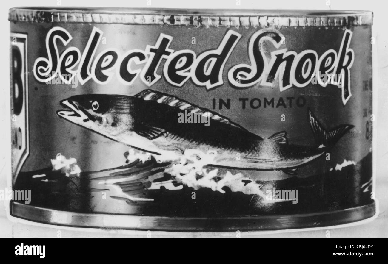 A tin of the reviled Snoek, a barracuda-type fish, which in spite of the vigorous promotion by the government in 1947-8 was too disagreeable for even hungry Britain to swallow. Stock Photo