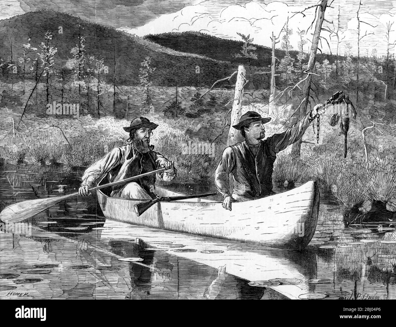 Trapping in the Adirondacks drawn by Windslow Homer 1870, wood engraving Stock Photo
