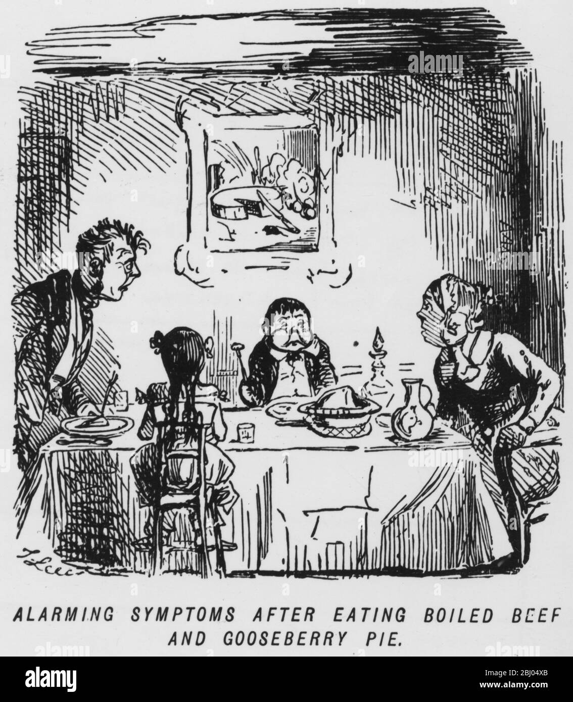 Alarming symptoms after eating boiled beef and gooseberry pie - Oh Lor Mar I feel just exactly as if my jacket was buttoned - by John Leech from Pictures of Life and Character from Punch 1842-64 Stock Photo