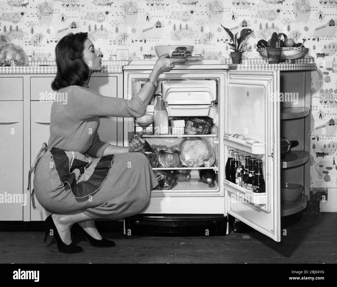 Putting things into the fridge, using the shelf in the door for drinks Stock Photo