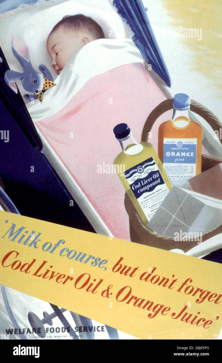 Baby asleep in pram with allowance of cod liver oil and 'Welfare orange