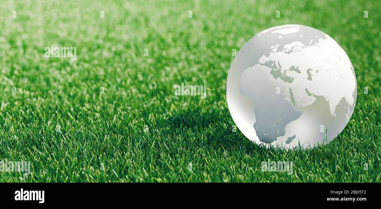 Glass globe or earth in green grass showing eco concept with copyspace ...