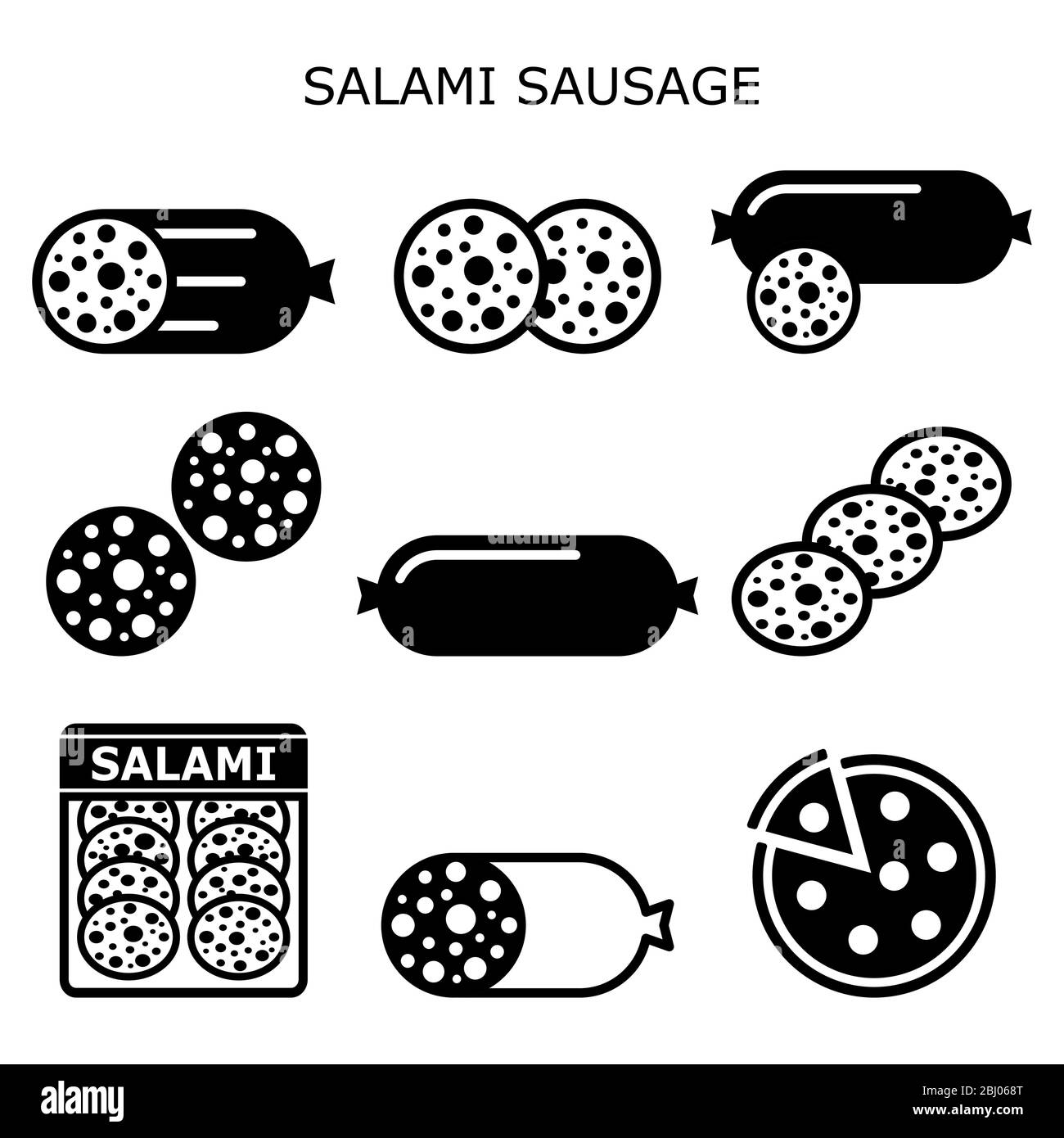 Salami sausage vector icons set, salami meat slice, salami pizza food