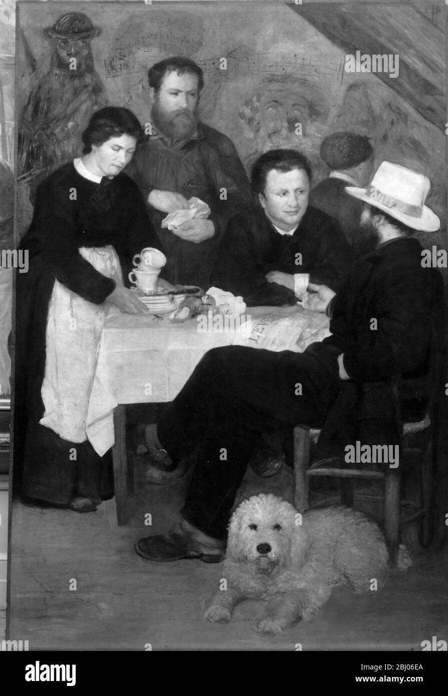 Renoir: At the Inn of Mother Anthony Marlotte 1866 - Left to right: Nana, the painter Lecoeur, an unknown man, Mother Anthony, Sisley. Infront Lecoeur's white poodle. Marlotte is near the forest of Fontainbleu Stock Photo