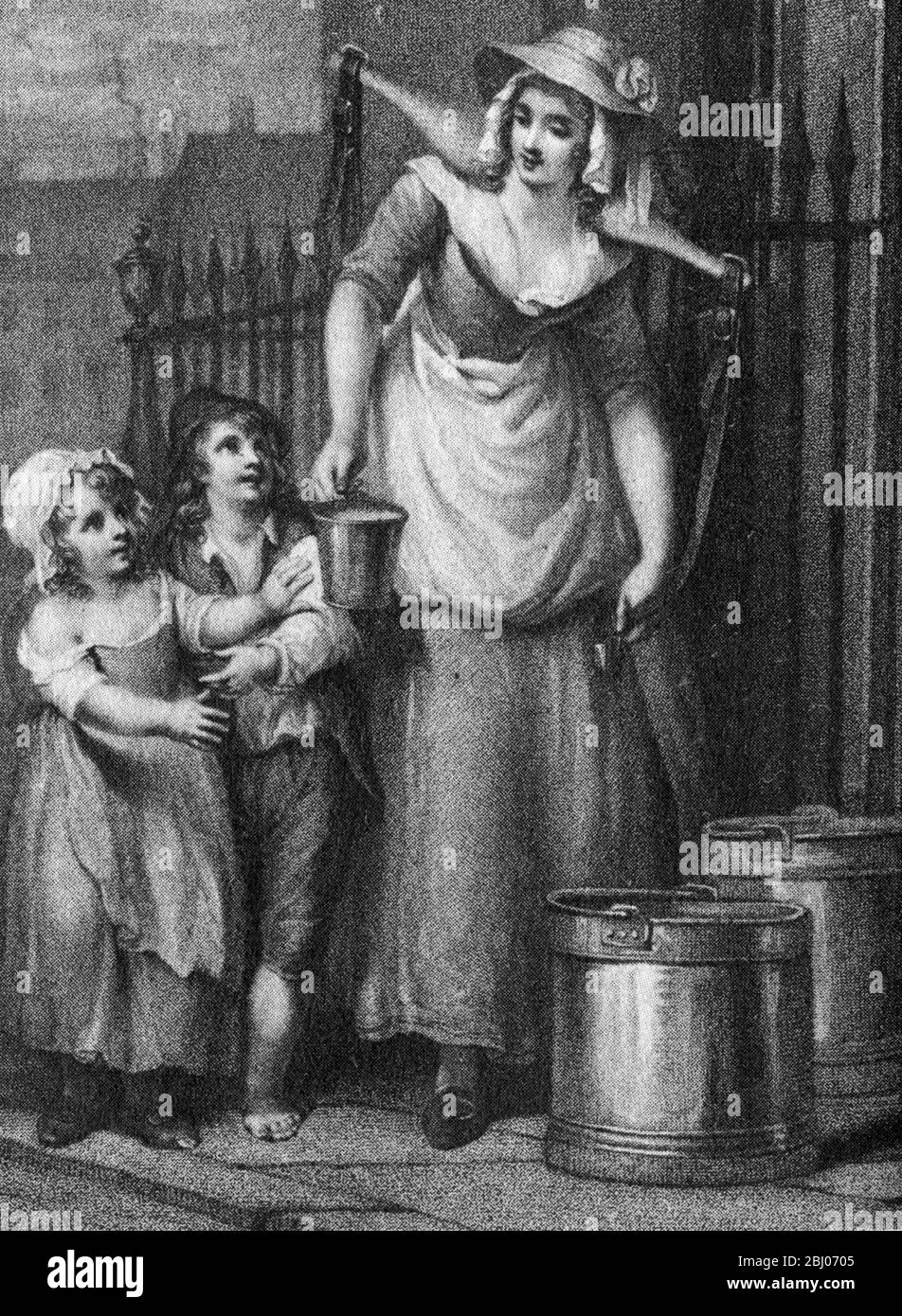 A city milkmaid in Georgian times . The milk is in open pails Stock Photo