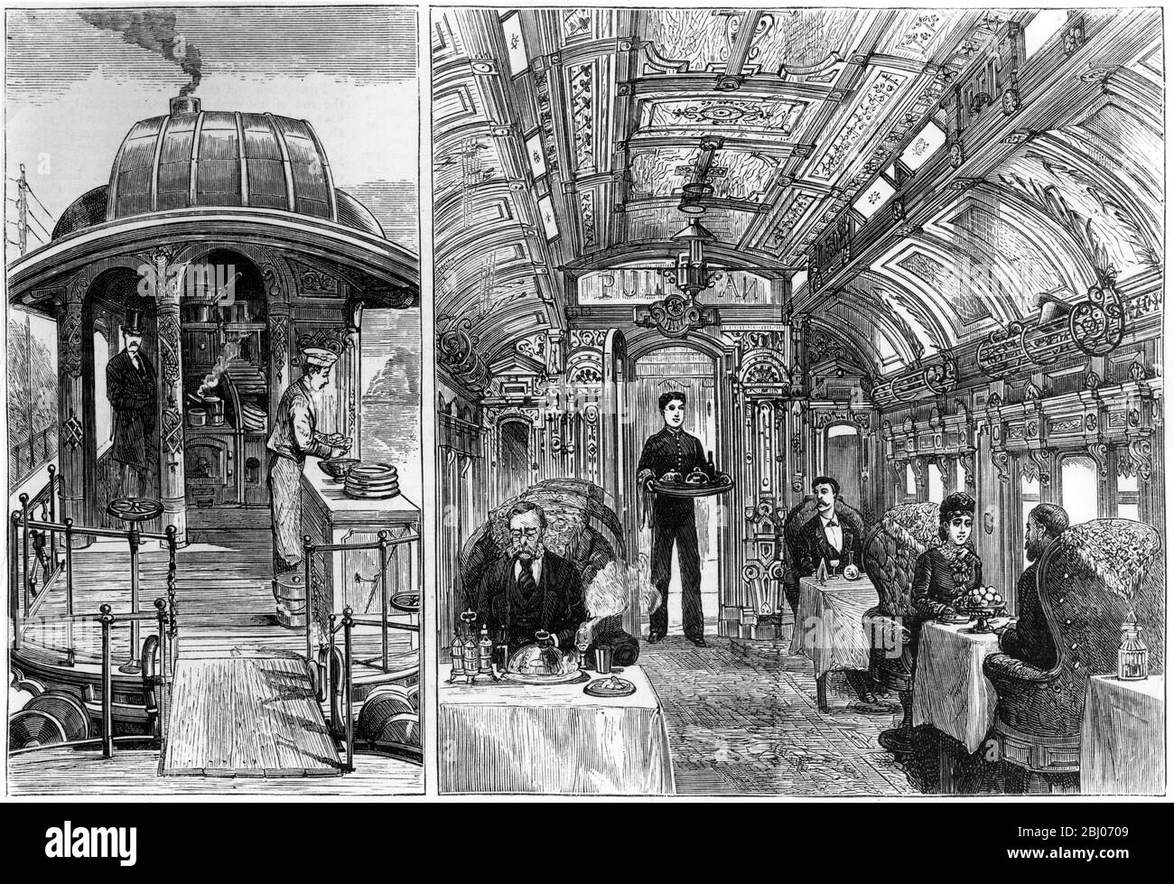 The new Pullman dining car on the Great Northern Railway - The Kitchen (left) - The dining saloon (right) - 1879 Stock Photo