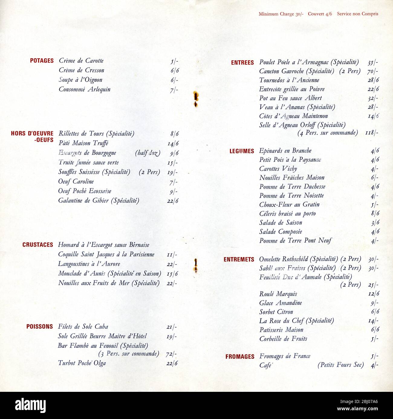 Carrier Collection of Menus - Le Gavroche (The Urchin) - opened in 1967 by Michel and Albert Roux - at 61 Lower Sloane Street, Chelsea, London - it moved in 1981 to Mayfair Stock Photo