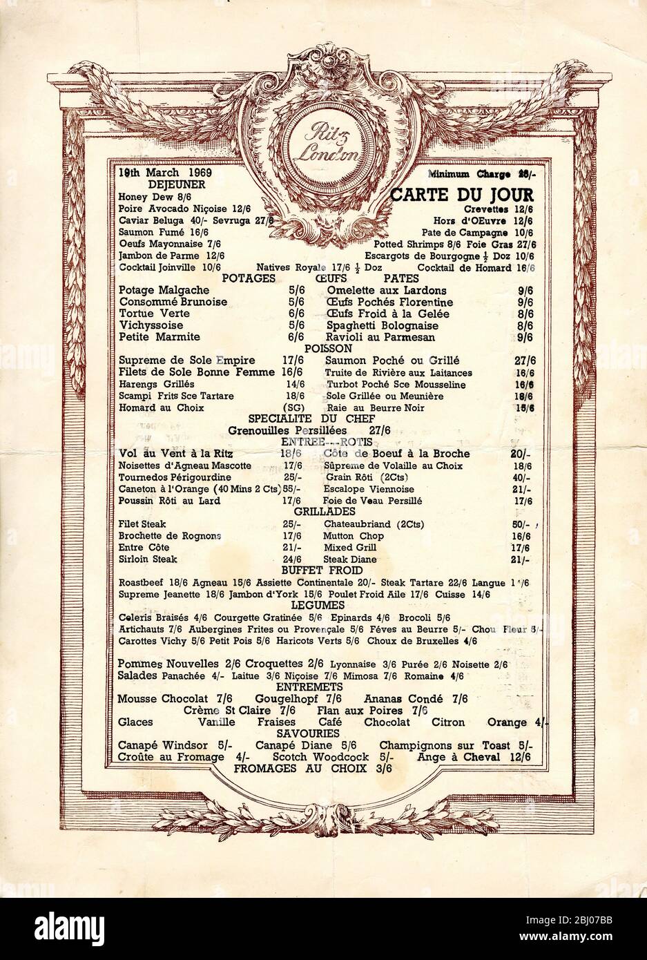 Carrier Collection of Menus - The Ritz - 19 March 1969 - Piccadilly, London, England Stock Photo
