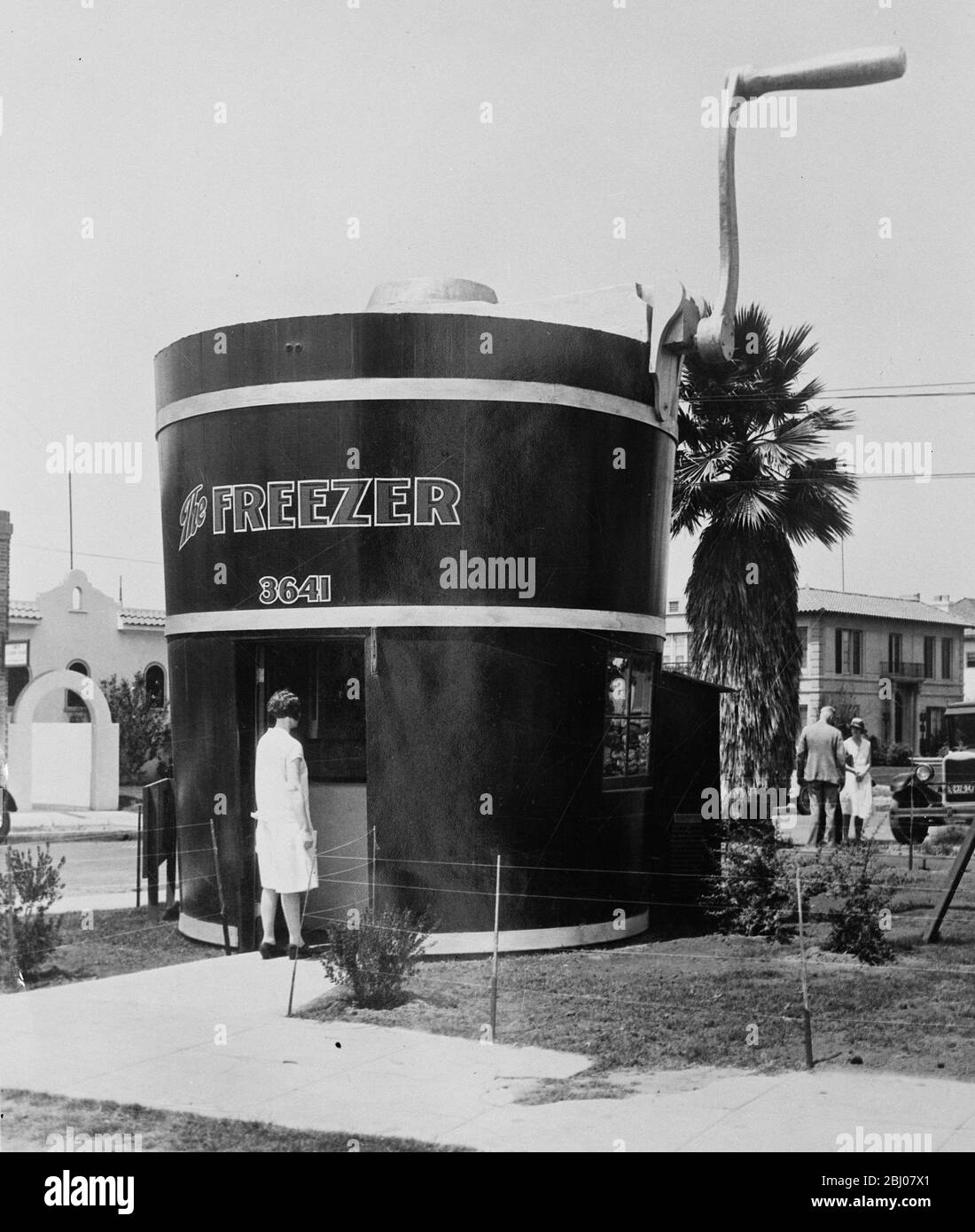 In a city of Nightmare houses . - A new picture from Los Angeles showing an ice cream shop known as the ' Freezer ' built like one . - 17 May 1928 Stock Photo