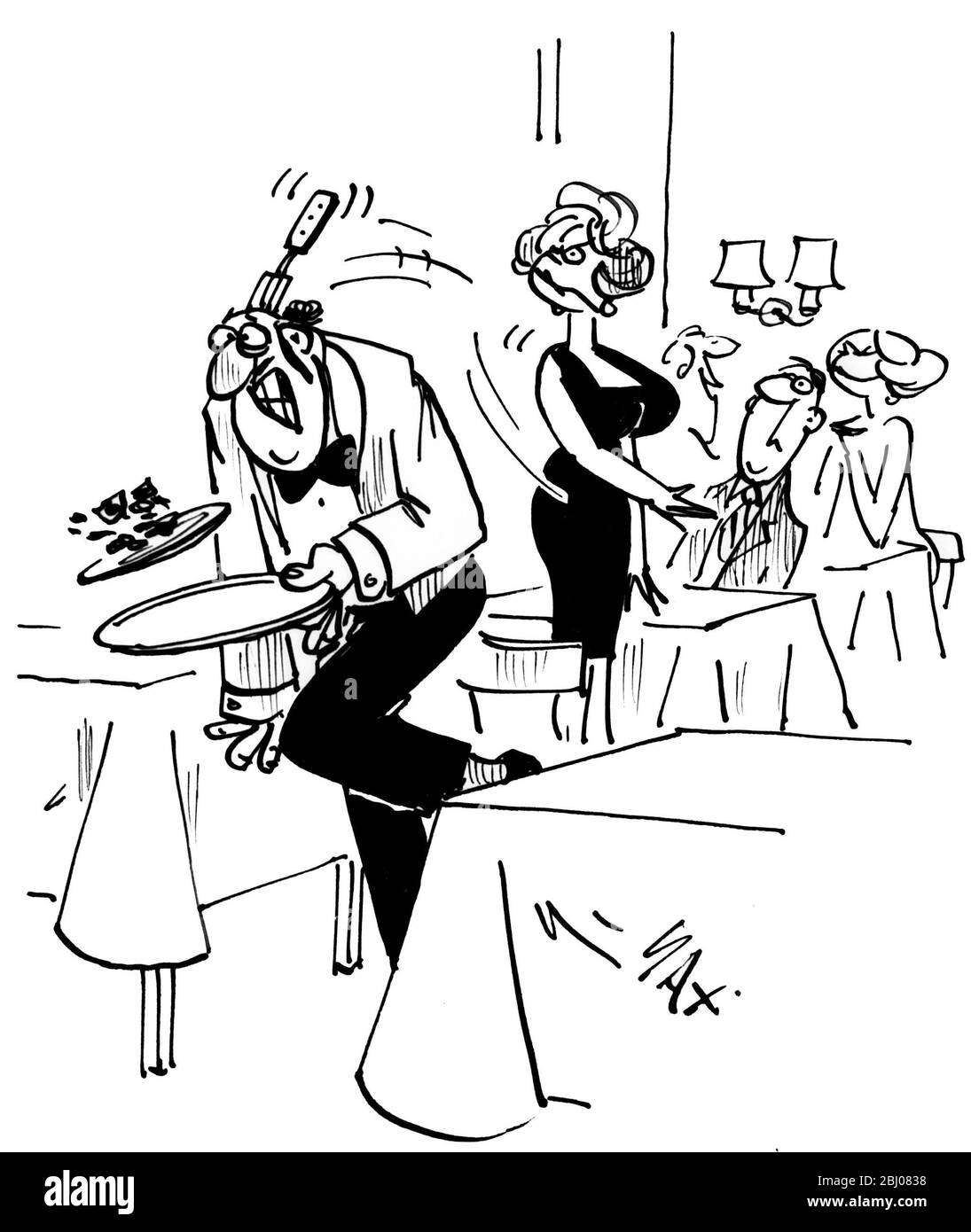 Cartoon by Sax - Waiter brings out the wrong food Stock Photo