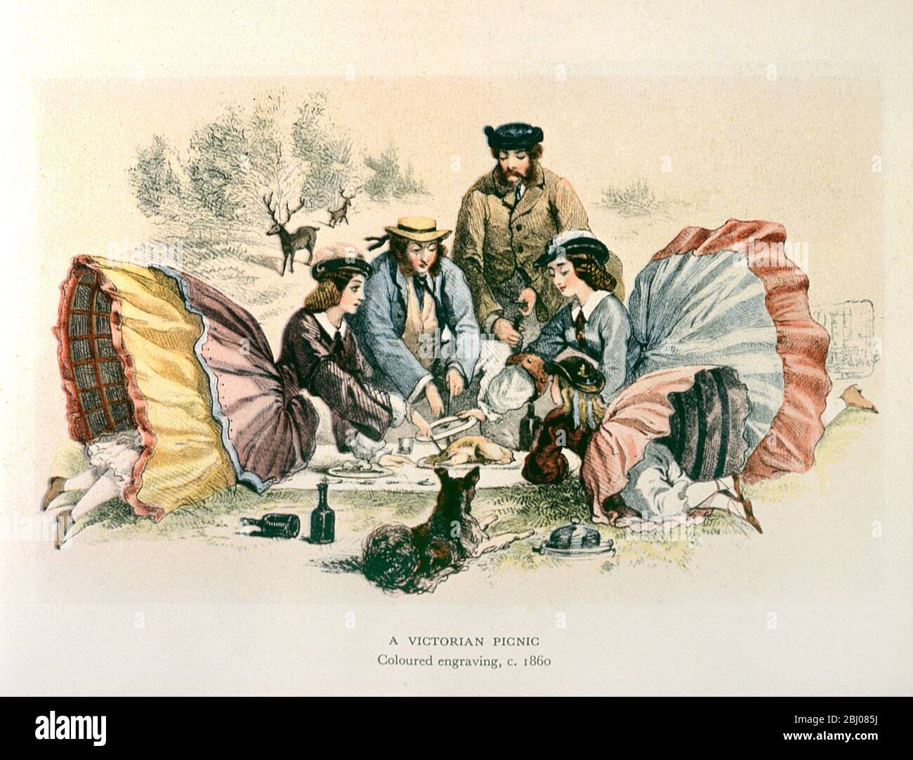 Victorian picnic - coloured engraving 1860 - - - - Stock Photo