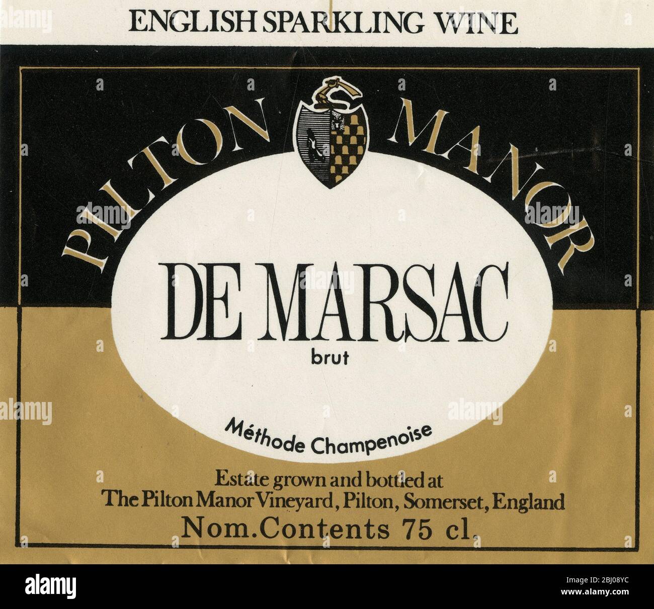 Wine Label - Pilton Manor English Sparkling Wine. A De Marsac vine variety. Produced by Nigel de Marsac Godden in Pilton, Somerset. Stock Photo