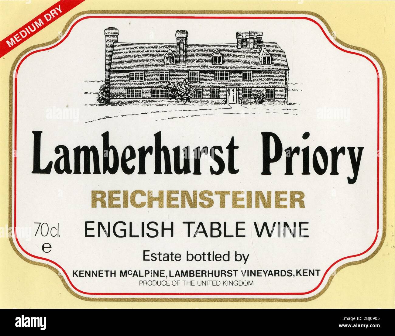 Wine Label - Lamberhurst Priory. A Reichensteiner vine variety English Table Wine. Estate bottled by Kenneth McAlpine, Lamberhurst Vineyards, Kent. - Stock Photo