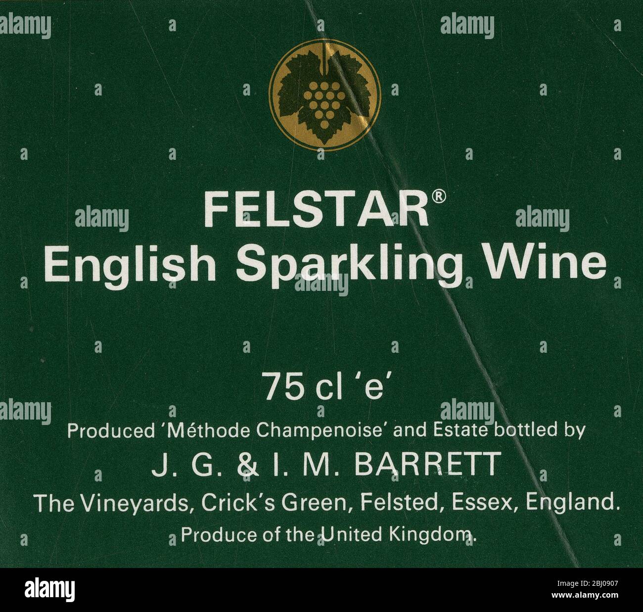 Wine label - Felstar English sparkling wine. 'Methode Champenoise' produced and estate bottled by J. G. & I. M. Barrett in Felsted, Essex. - 1976 Stock Photo