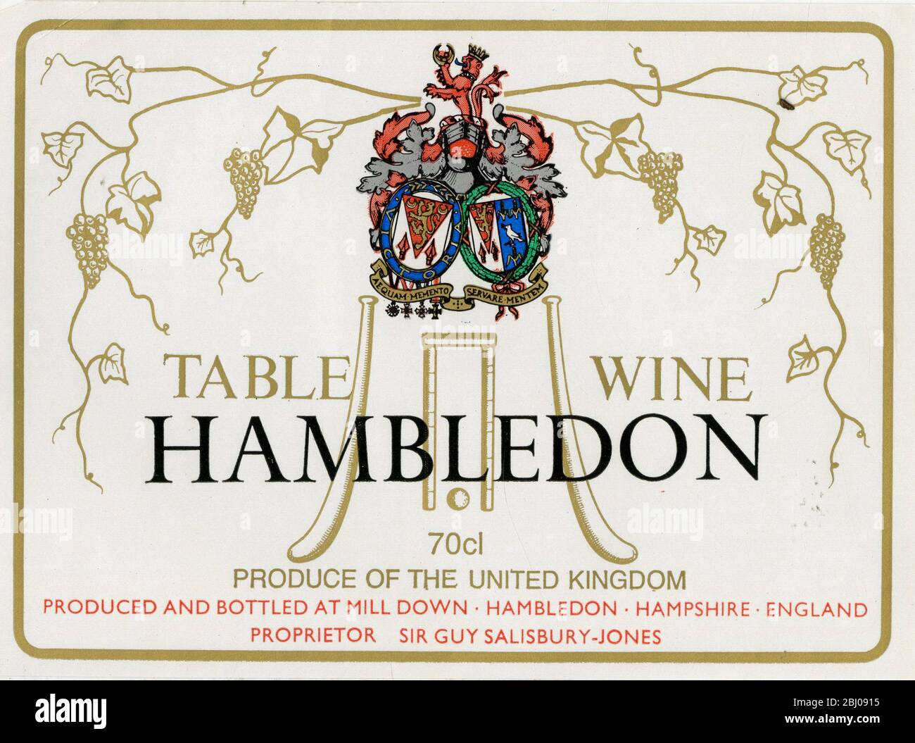 Wine label - Hambledon Wine. A wine blend of Chardonnay grape and Pinot Meunier. Produced and bottled by Sir Guy and Lady Salisbury - Jones at a vineyard in Hambledon, Hampshire. - 1976 Stock Photo