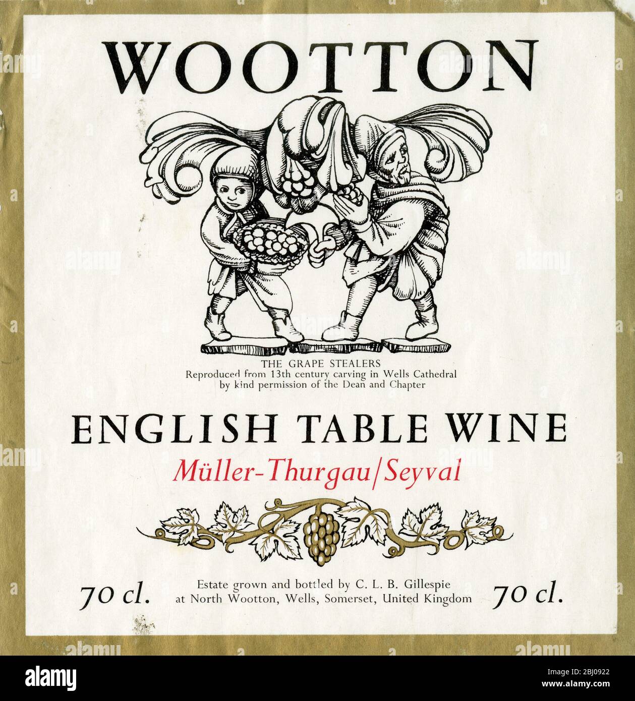 Wine Label - Wootton English Table Wine. A Muller-Thurgau/Seyval vine variety. Produced by Major and Mrs C.L.B.Gillespie at North Wootton, Somerset. Stock Photo