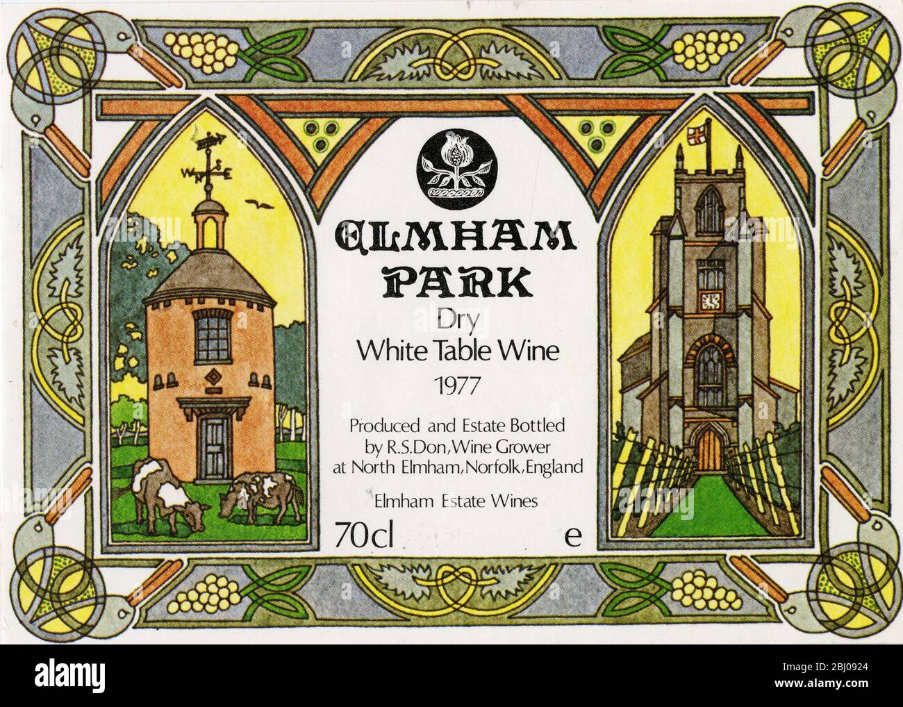 Wine Label. - Clmham Park. Dry White Table Wine. 1977. Produced and Estate Bottled by R.S Don, Wine Grower at North Elmsham, Norfolk, England. Elmham Estate Wines. 70cl. - Stock Photo