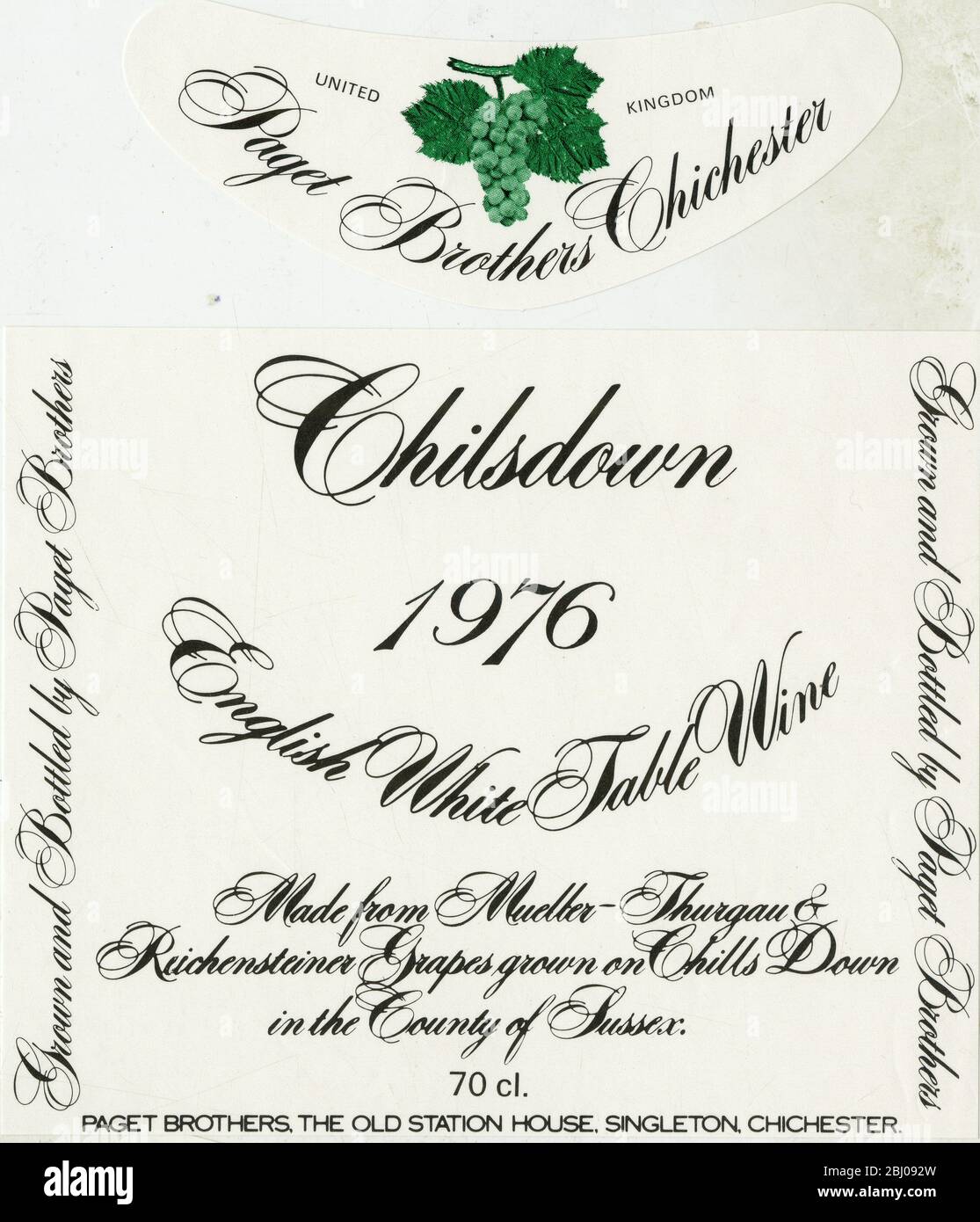 Wine Label. - Chilsdown. 1976. English White Table Wine. Made from Mueller Thurgau and Richensteiner Grapes grown on Chillsdown in the county of Sussex. - Paget Brothers, The Old Station House, Singleton Chichester. - - Stock Photo