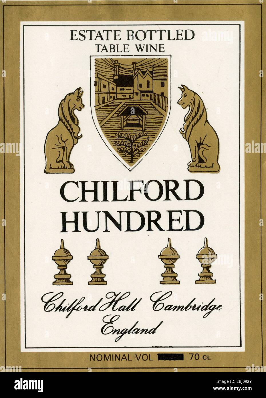 Wine Label. - Estate Bottled Table Wine. Chilford Hundred. Chilford Hall, Cambridge, England. 1976 Dry. Schonburger Ortega. Stock Photo