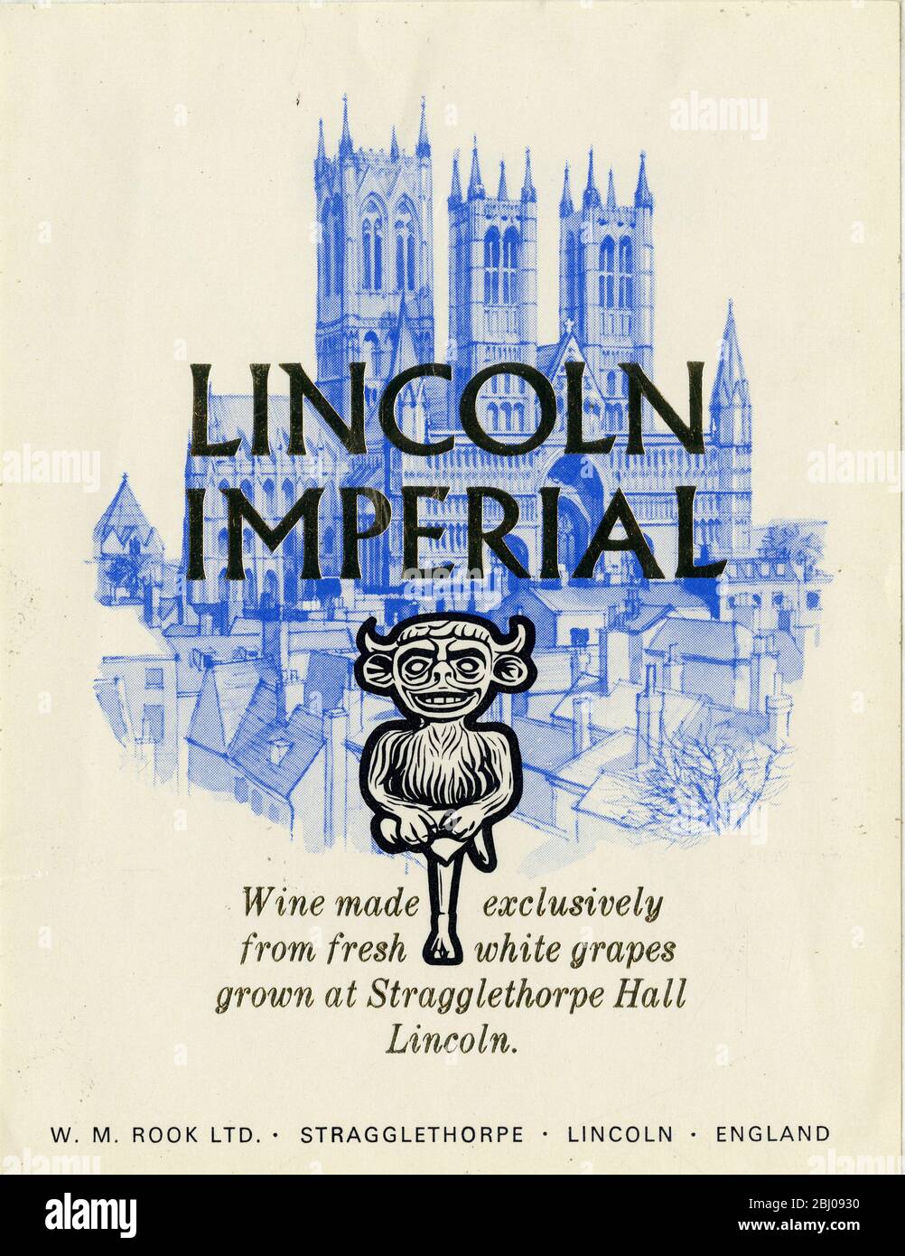Wine Label. - Lincoln Imperial. Wine made exclusively from fresh white grapes grown at Stragglethorpe Hall Lincoln. - W.M Rook Ltd. Stragglethorpe. Lincoln. England. Stock Photo