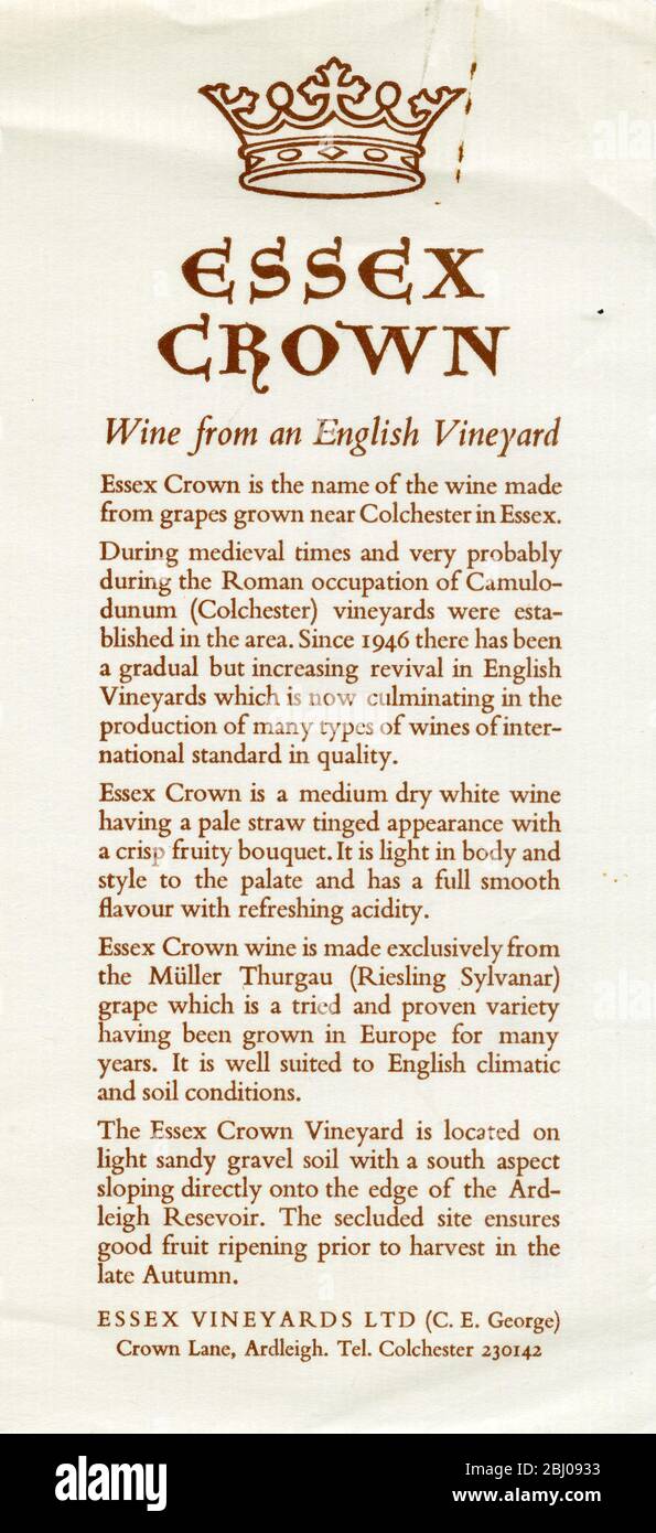 Wine Leaflet. - Essex Crown. Essex Vineyards LTD. (C.E George) Crown Lane, Ardleigh. Tel. Colchester 230142. Stock Photo