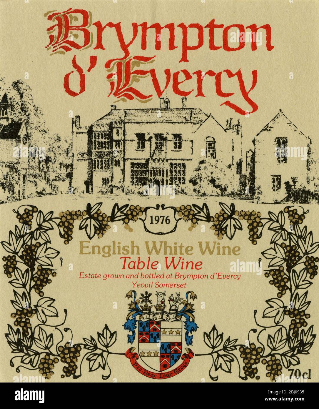 Wine Label. - Brympton D'Evercy. 1976. English White Wine. Table Wine. Estate Grown and Bottled at Byrmton d'Evercy Yeovil Somerset. - 70cl. Stock Photo