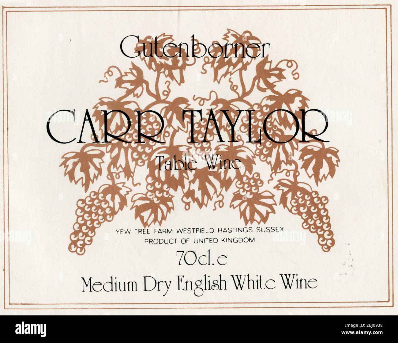 Wine Label. - Gutenborner. Carr Taylor. Table Wine. Yew Tree Farm Hastings Sussex. Product of the United Kingdom. Medium Dry English White Wine. Stock Photo