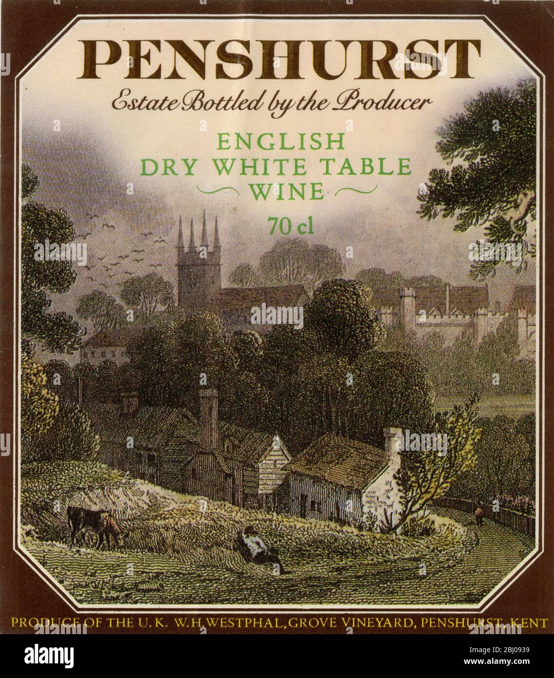 Wine Label. - Penshurst. Estate Bottled by the Producer. English Dry White Table Wine. 70cl. - Produce of the UK. W.H.Westphal Grove, Vineyard, Penshurst, Kent. Stock Photo