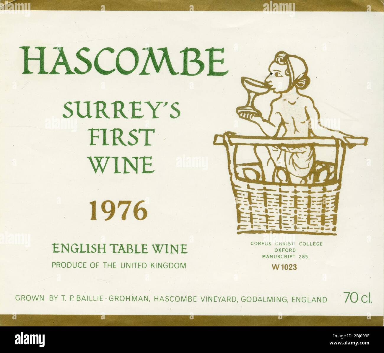 Wine Label. - Hascombe. Surrey's First Wine. 1976. English Table Wine. Grown by T.P.Baillie-Grohman, Hascombe Vineyard, Godalming, England. - Produce of the UK. Stock Photo