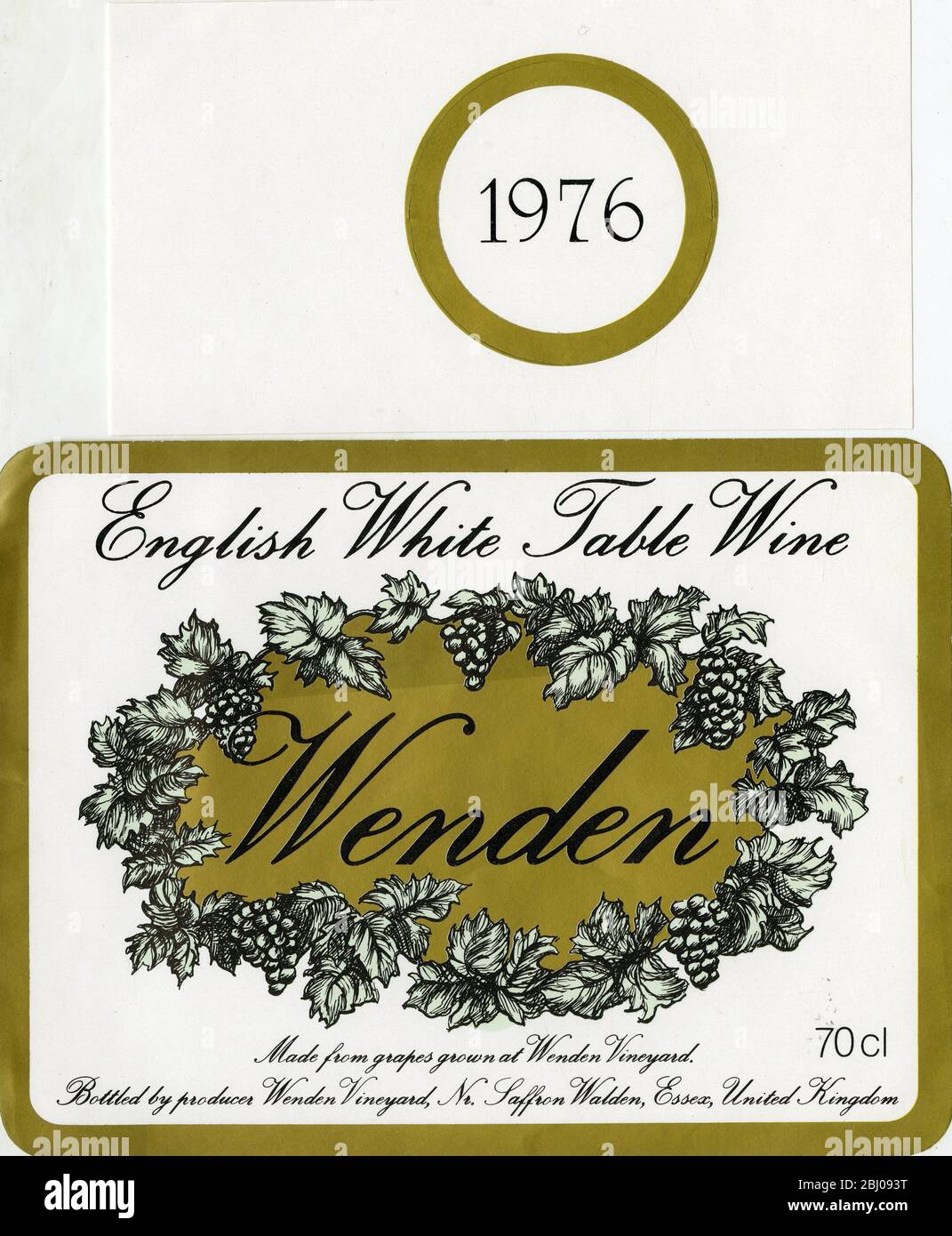 Wine Label - Wenden English White Table Wine. Made from grapes grown at Wenden Vineyard, Saffron Walden, Essex. Stock Photo