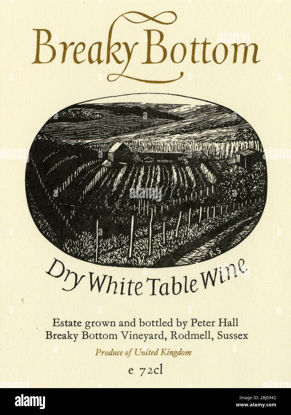 Wine Label - Breaky Bottom Dry White Table Wine. Estate grown and bottled by Peter Hall at Breaky Bottom Vineyard, Sussex. Stock Photo