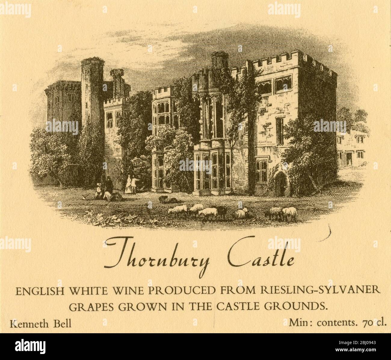 Wine Label. - Thornbury Castle. - English White Wine Produced from Riesling-Sylvaner. Grapes grown in the castle grounds. - Kenneth Bell. Stock Photo