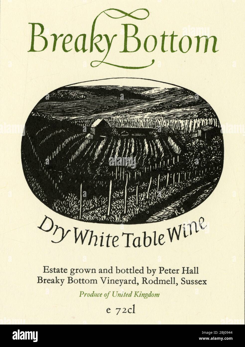 Wine Label. - Breaky Bottom. Dry White Table Wine. Estate Grown and Bottled by Peter Hall. - Breaky Bottom Vineyard, Rodmell, Sussex. - Produce of the UK. Stock Photo