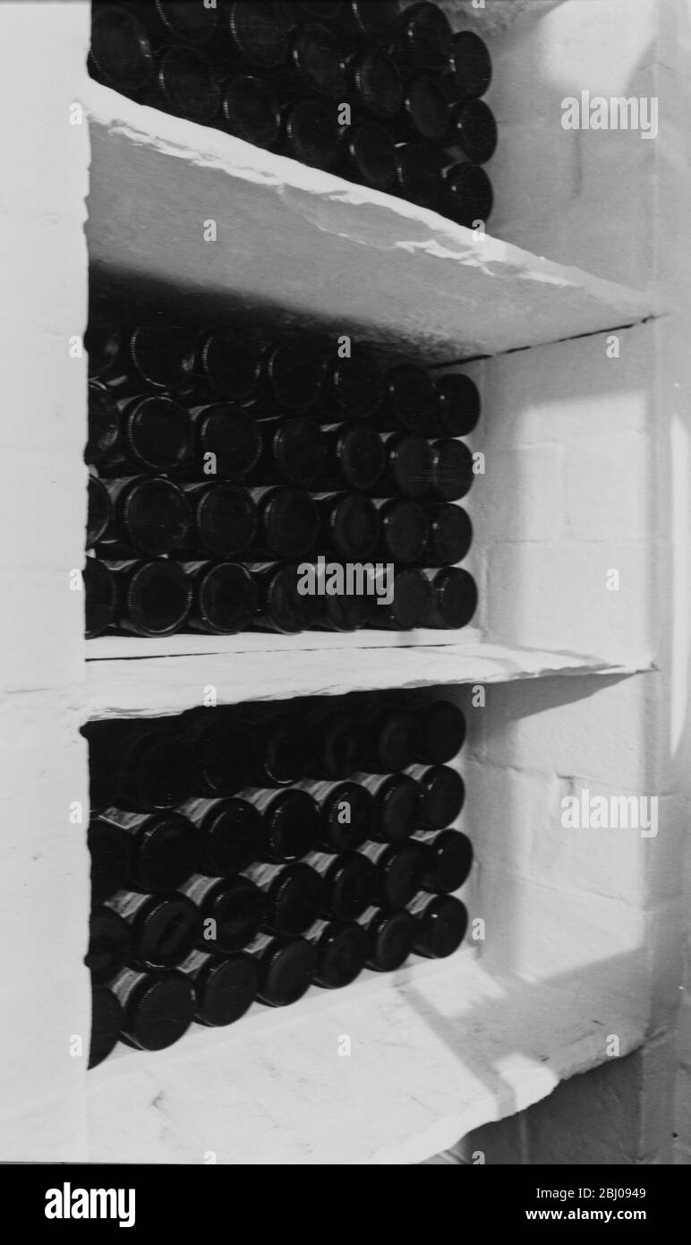 Bottles of Penshurst wines stored in shelves in Bob Westphal's cellar. Penshurst Vineyard, Kent. - 1977 Stock Photo
