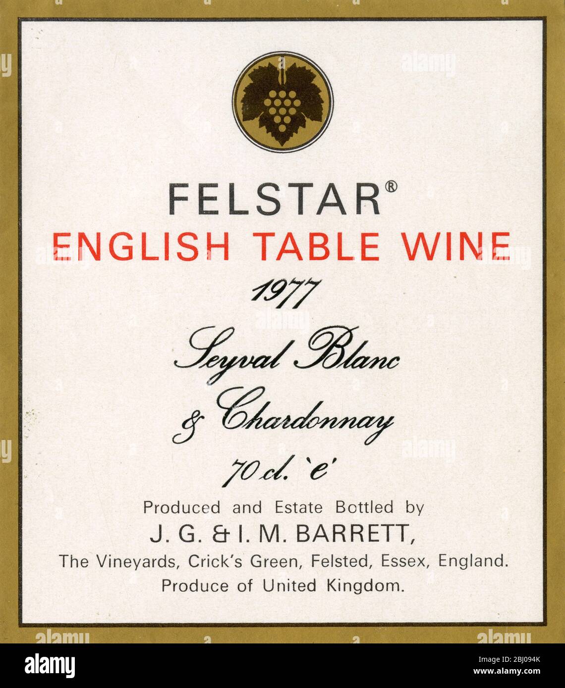 Wine Label - Felstar English Table Wine. A Seyval Blanc and Chardonnay vine variety produced by J.G. & I.M. Barrett in Felsted, Essex. - Stock Photo