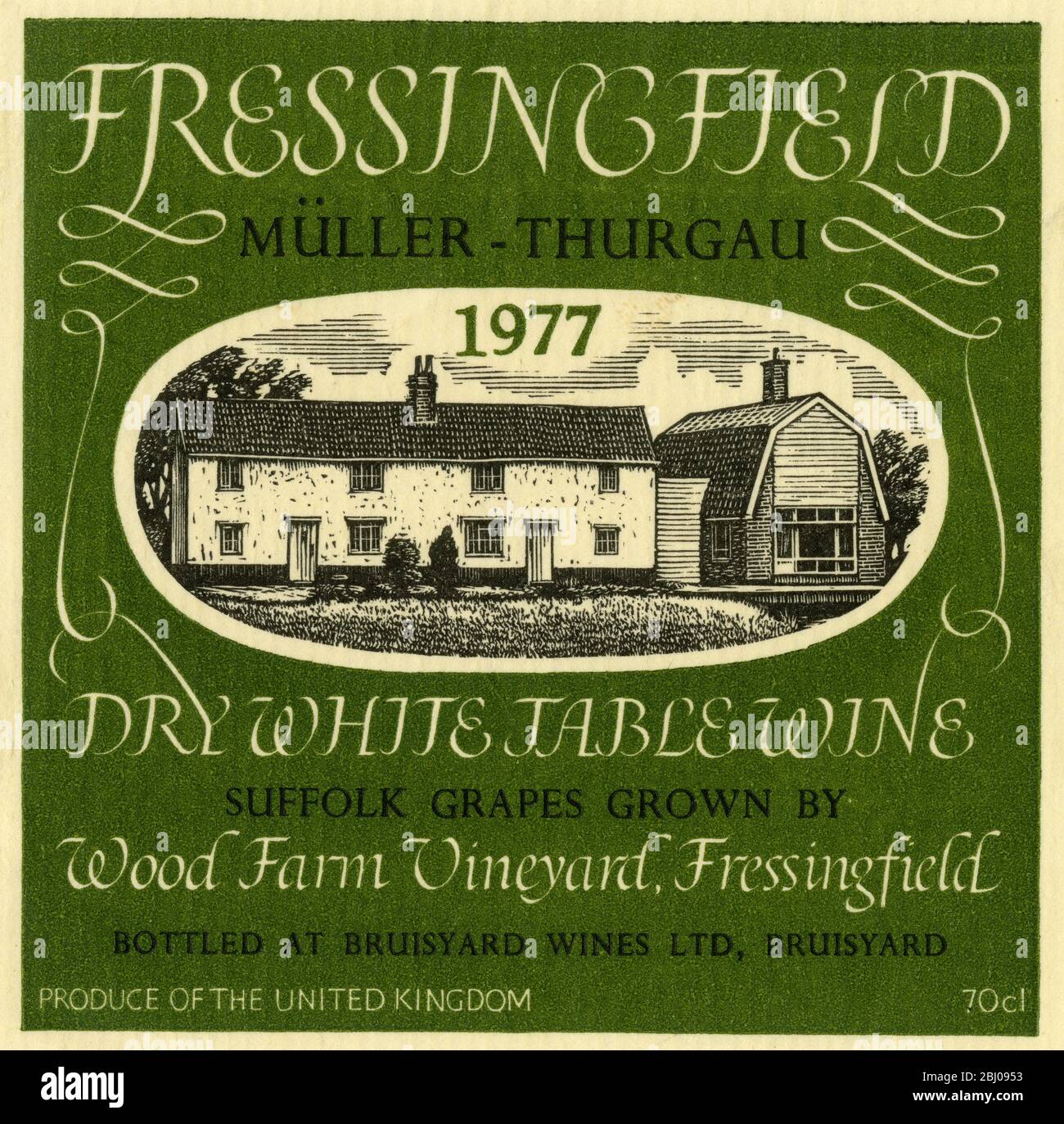 Wine Label. - Fressingfield. Muller-Thurgau. Dry White Table Wine. Suffolk Grapes Grown by Wood Farm Vineyard Fressingfield. Bottled at Bruisyard Wines Ltd, Bruisyard. - Produce of the UK. Stock Photo