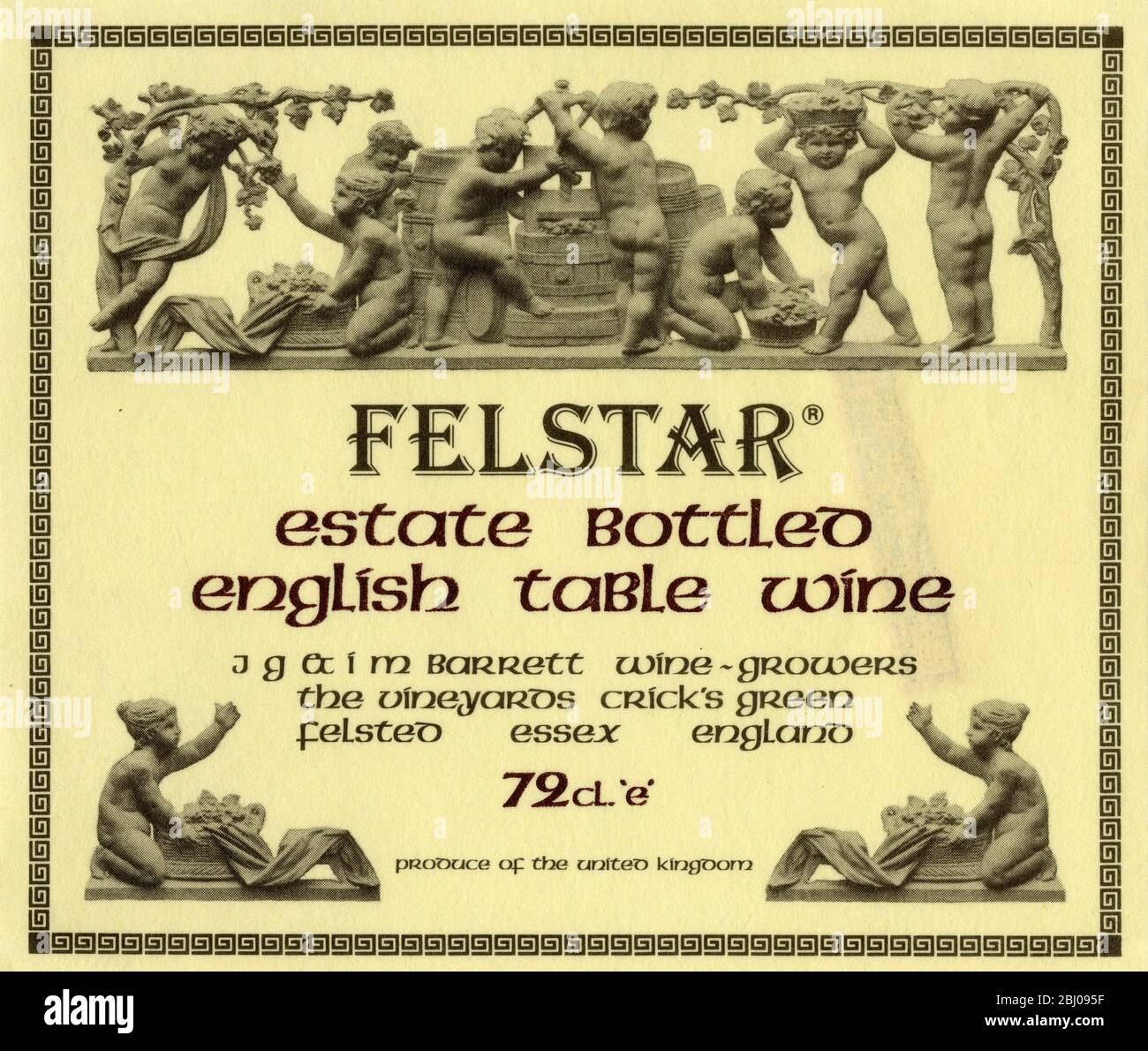 Wine Label. - Felstar Estate Bottled English Table Wine. J.G Barrett wine growers the vineyards crick's green Felsted, Essex England. - - Stock Photo