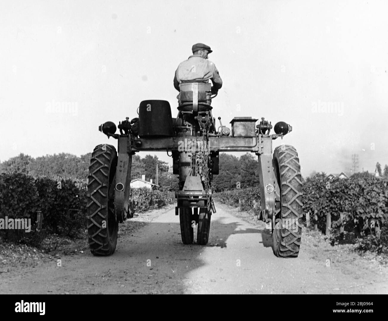 New French tractor prototype specially made for vineyards by Brandt-Ball photographed at Chateau Lax Mission Haut Brion, Bordeaux. - Between the wheels there is nearly 6 feet clearance in height and nearly double the width. Stock Photo