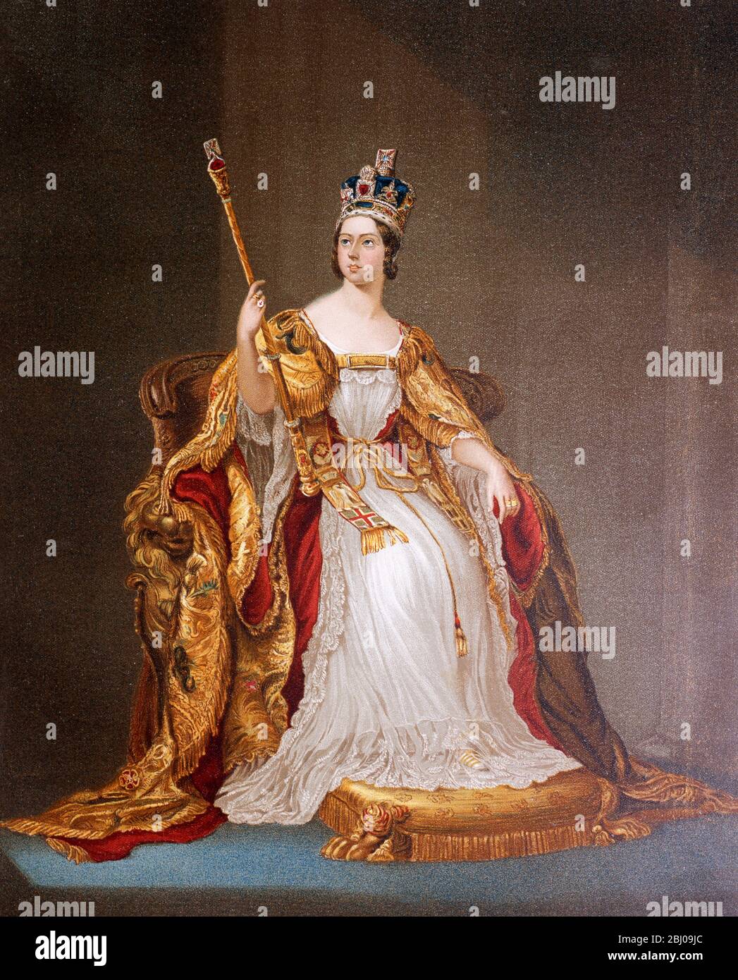 Queen Victoria in coronation dress 20 June 1837 - Many foods are named after Queen Victoria, including Victoria plums and Victoria sponge. Stock Photo