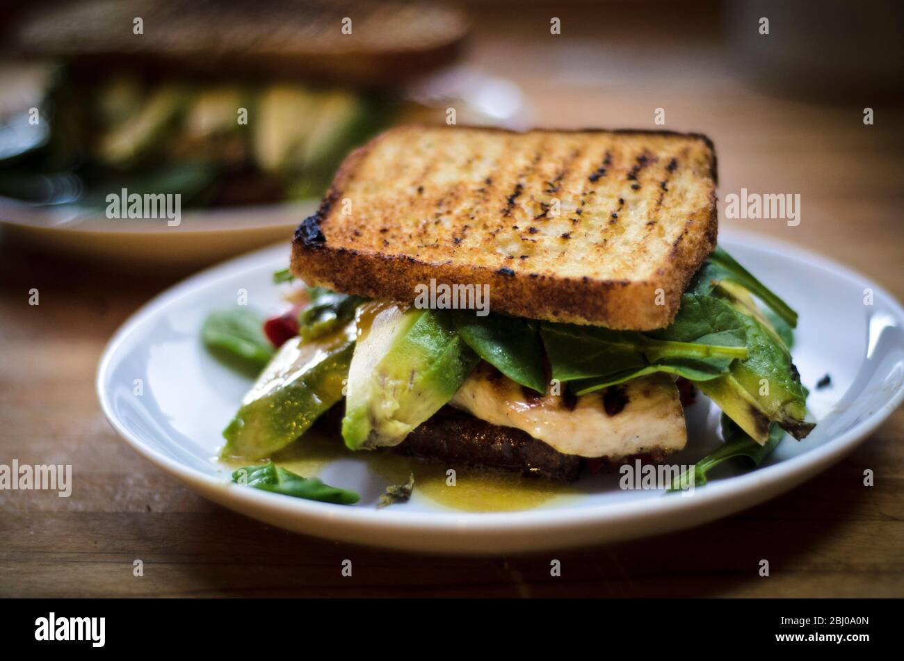 Grilled gluten free bread used to make a sandwich of griddled chicken fillet, avocado slices, spinach, red pepper with vinaigrette. Stock Photo