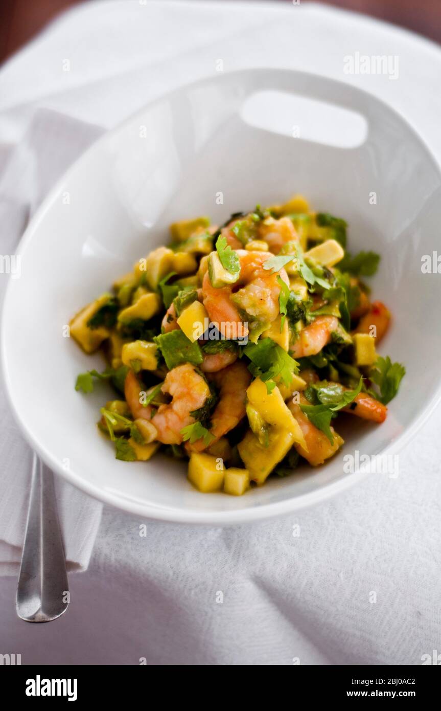 A light dish of stir fried large prawns, coriander, mango, avocado and chilli, in white bowl Stock Photo