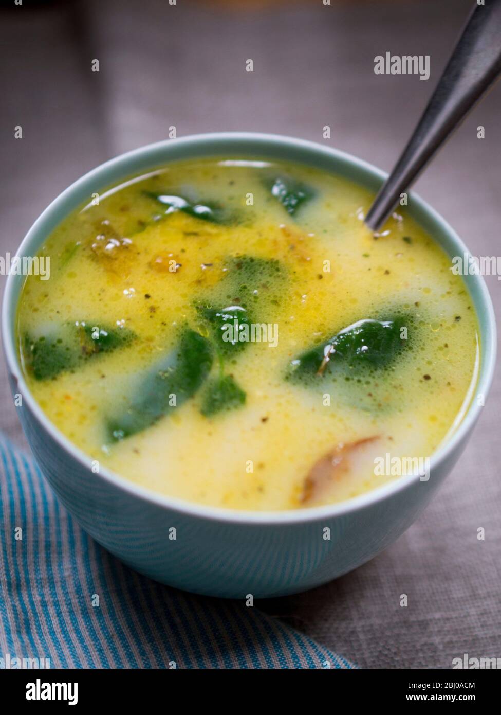 Chicken soup made from stock from boiled up chicken carcase with carrots, sweetcorn, and spinach Stock Photo