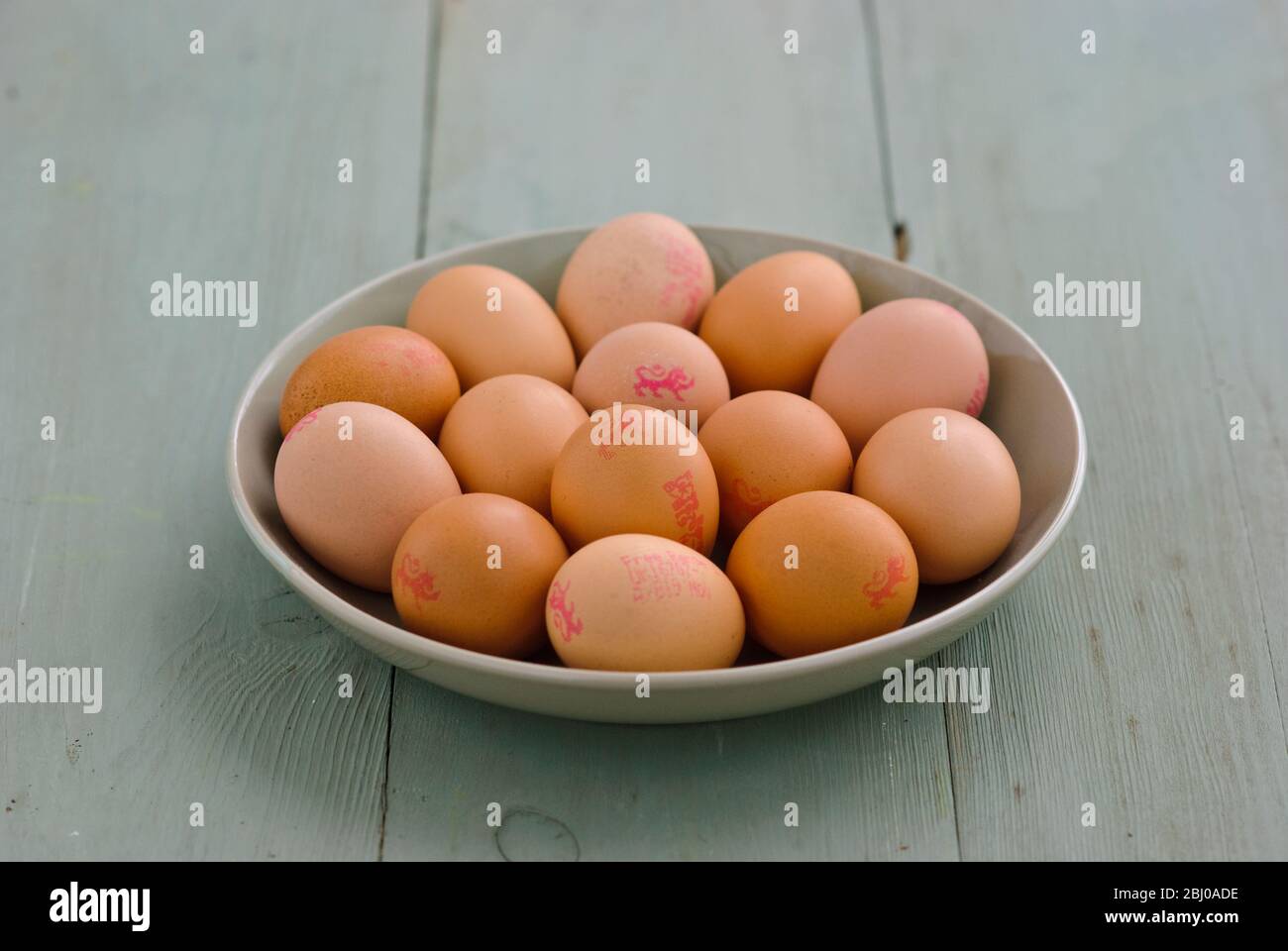 Dish of brown eggs on painted surface - Stock Photo