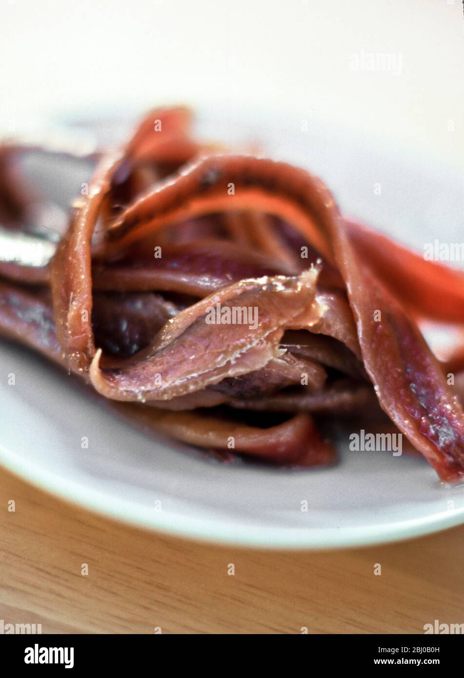 Salted anchovy fillets on white plate - Stock Photo