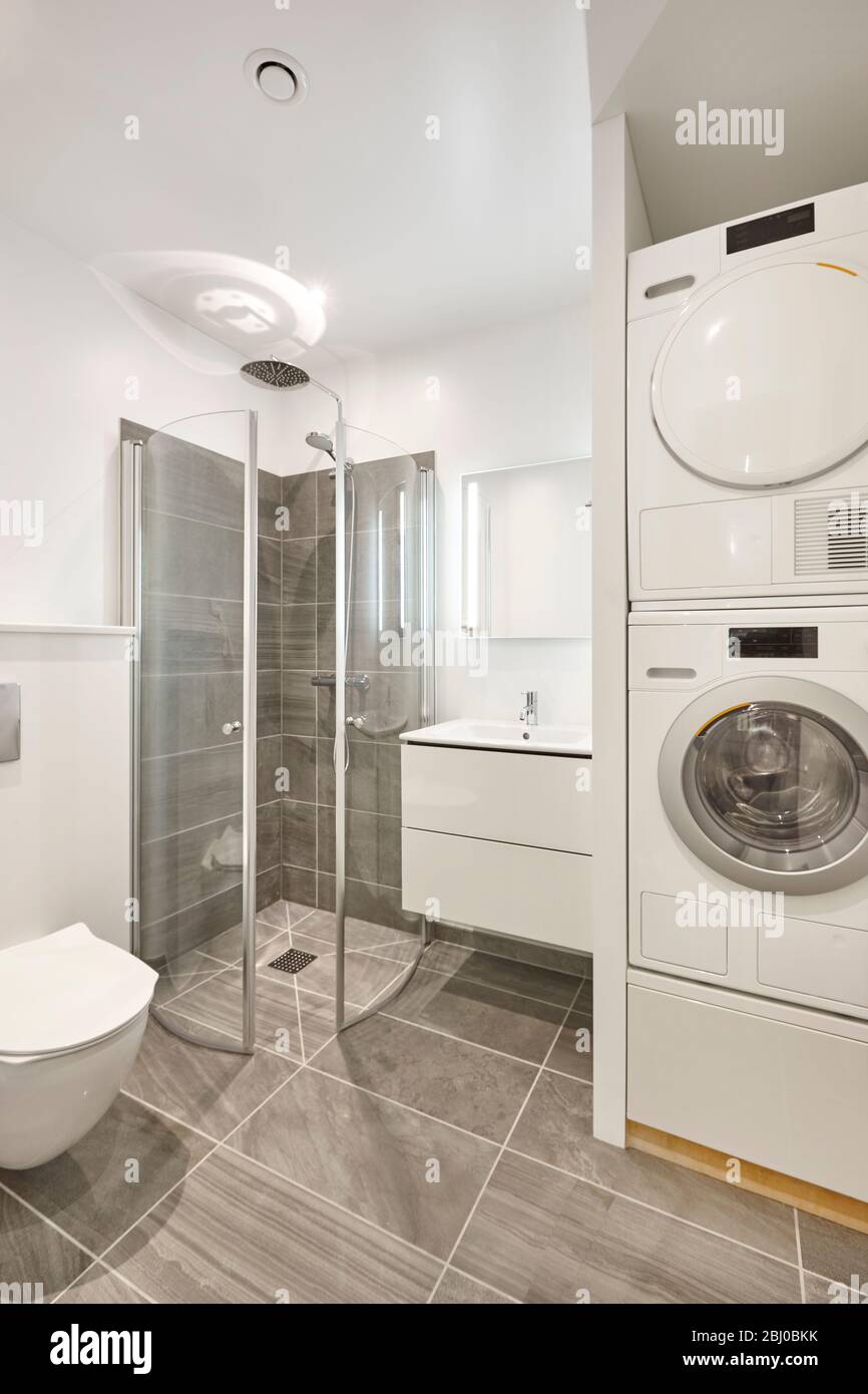 Modern style bathroom with washing machine and dryer combo. Vertical Stock  Photo - Alamy