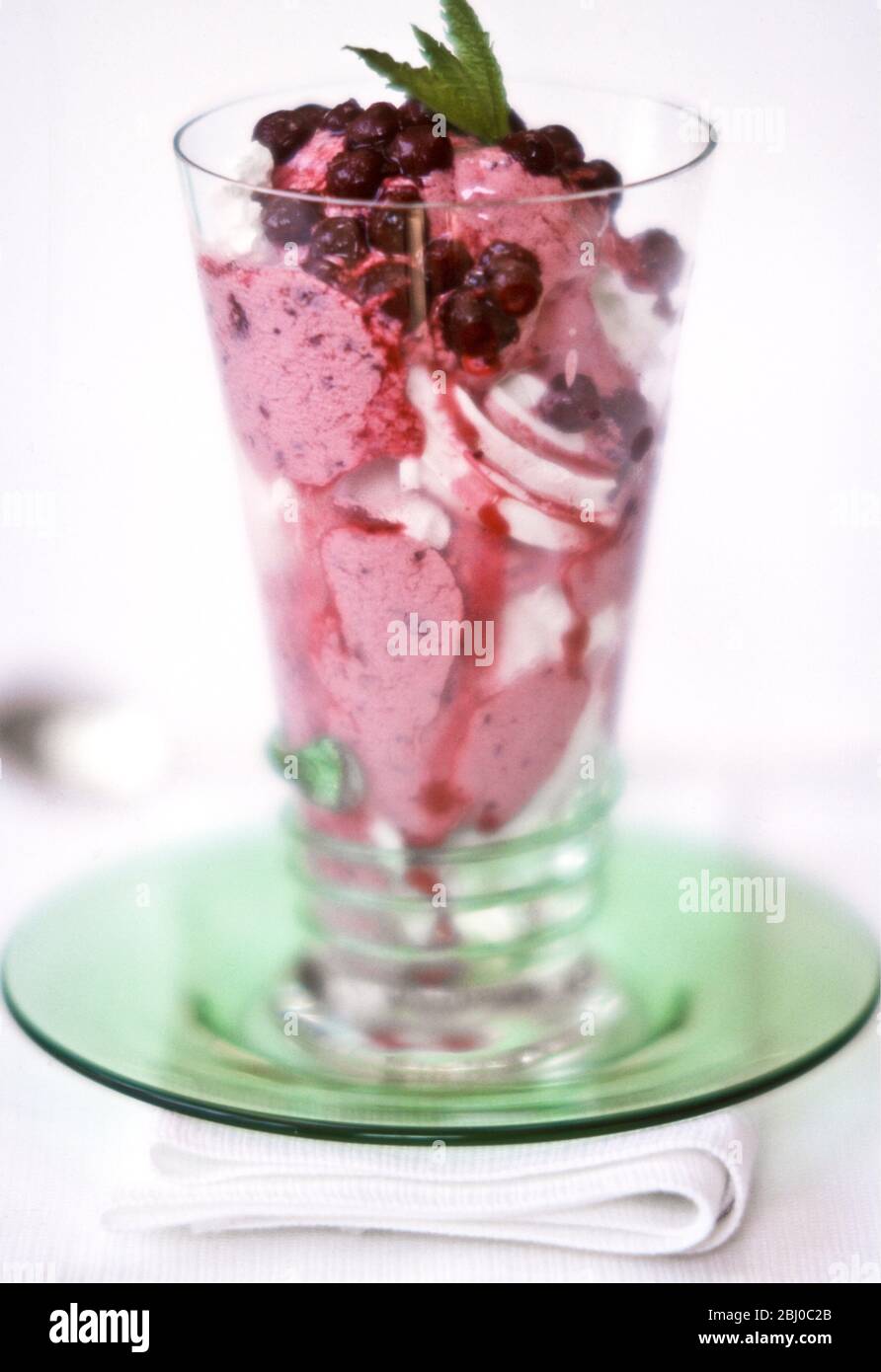 Spectacular dessert of ice cream with blackcurrants and fresh fruit coulis topped with a mint sprig - Stock Photo