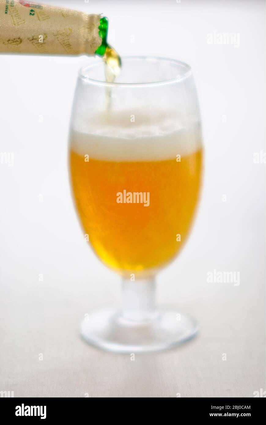 Pouring lager beer into stemmed beer glass Stock Photo Alamy