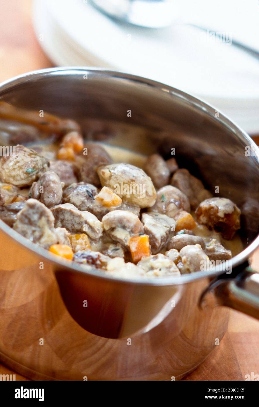 Classic French dish, blanquette de veau, being prepared in stainless steel saucepan - Stock Photo