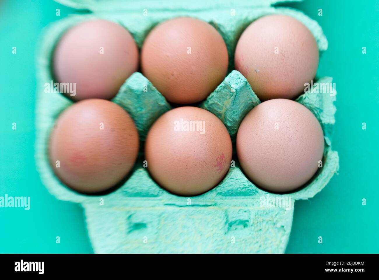 Half a dozen free range brown eggs in green egg box. - Stock Photo